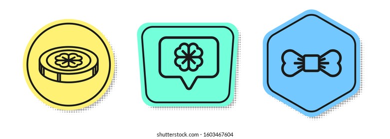 Set line Gold coin with four leaf clover, Four leaf clover in speech bubble and Bow tie. Colored shapes. Vector