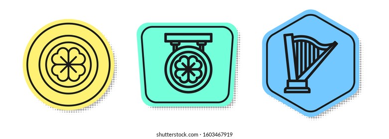 Set line Gold coin with four leaf clover, Street signboard with four leaf clover and Harp. Colored shapes. Vector