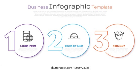 Set line Gold coin with four leaf clover, Leprechaun hat and Mustache and beard. Business infographic template. Vector