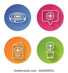 Set line Gold coin with four leaf clover, Four leaf clover in speech bubble, Saint Patricks Day flyer, brochure, postcard and Four leaf clover in pot. Color circle button. Vector