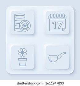 Set line Gold coin with four leaf clover, Saint Patrick's day with calendar, Four leaf clover in pot and Smoking pipe. White square button. Vector