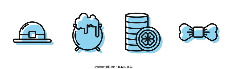 Set line Gold coin with four leaf clover, Leprechaun hat, Witch cauldron and Bow tie icon. Vector