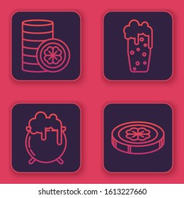 Set line Gold coin with four leaf clover, Witch cauldron, Glass of beer and Gold coin with four leaf clover. Blue square button. Vector
