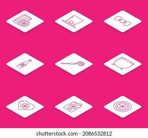 Set line Gold coin with four leaf clover, Leprechaun hat, Bow tie, Beer bottle, Walking stick, Witch cauldron, Heart and Saint Patricks Day flyer, brochure, postcard icon. Vector