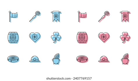 Set line Gold coin with four leaf clover, Leprechaun hat, National Ireland flag, Witch cauldron rainbow, Heart, Four, Wooden barrel and Walking stick icon. Vector