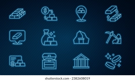 Set line Gold coin money, mining, bars, Bag of gold, Stacks paper cash, mine and exchange icon. Vector