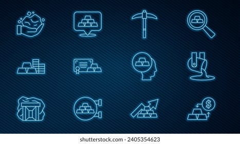 Set line Gold exchange money, Molten gold being poured, Pickaxe, bars with certificate, coin, nugget,  and  icon. Vector