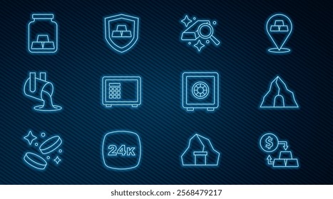 Set line Gold exchange money, mine, bars, Safe, Molten gold being poured,  and with shield icon. Vector