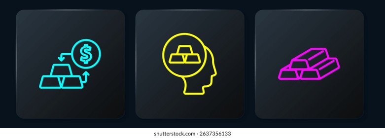 Set line Gold exchange money, bars and . Black square button. Vector