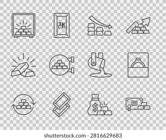 Set line Gold exchange money, bars with certificate, Falling arrow gold, Safe, Jewelry store, Bag of and Diamond engagement ring box icon. Vector