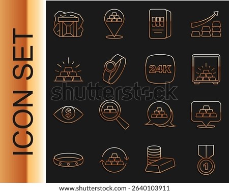 Set line Gold medal, bars, Safe with gold, 24k, ring, mine and  icon. Vector
