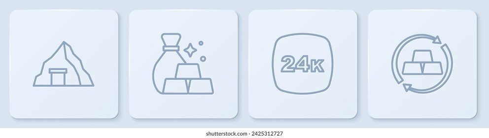 Set line Gold mine, bars 24k, Bag of gold and exchange money. White square button. Vector