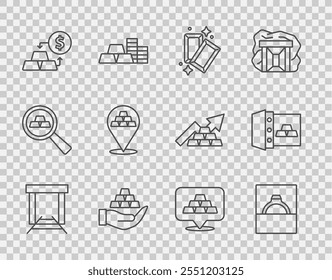 Set line Gold mine, Diamond engagement ring box, bars, hand, exchange money,  and Safe with gold icon. Vector