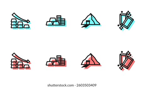 Set line Gold mine, Falling arrow with gold bars, coin and  icon. Vector
