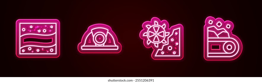 Set line Gold mine, Miner helmet, Bucket wheel excavator and Conveyor belt carrying coal. Glowing neon icon. Vector