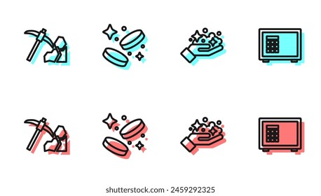 Fijar línea Mina de oro, minería, moneda de dinero e icono de caja fuerte. Vector