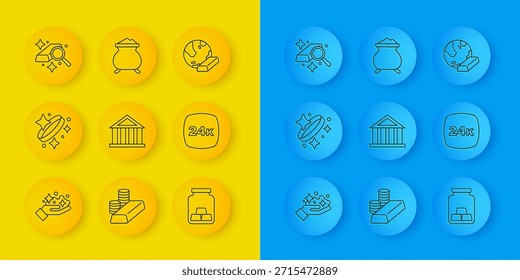 Set line Gold mine, ring, Bank building, bars, 24k,  and Molten gold being poured icon. Vector