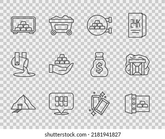 Set line Gold mine, Safe with gold bars, Jewelry store, 24k, hand,  and  icon. Vector