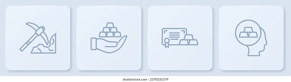 Set line Gold mining, bars with certificate, hand and . White square button. Vector