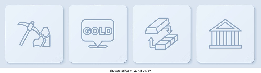 Setzen Sie den Goldbergbau, tauschen Sie Geld, Bars und Bankgebäude. Weißer Quadrat-Knopf. Vektorgrafik