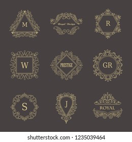 Set of Line Gold Monograms. Vintage Floral Frames for your Logo, Invitation, Wedding Background.