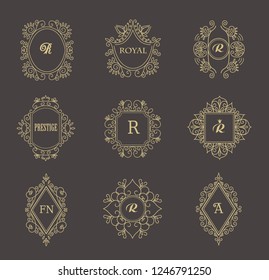 Set of Line Gold Monograms. Vintage Floral Frames for your Logo, Invitation, Wedding Background.