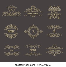 Set of Line Gold Monograms. Vintage Floral Frames for your Logo, Invitation, Wedding Background.