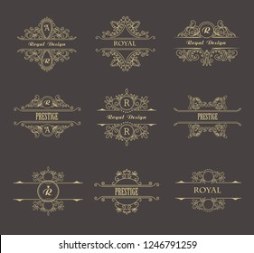 Set of Line Gold Monograms. Vintage Floral Frames for your Logo, Invitation, Wedding Background.