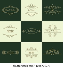 Set of Line Gold Monograms. Vintage Floral Frames for your Logo, Invitation, Wedding Background.