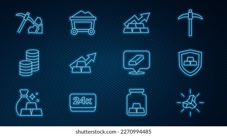 Set line Gold nugget, bars with shield, Growth arrow gold, coin money, mining,  and Mine cart icon. Vector