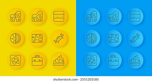 Pepita de oro, corteza de la estructura del núcleo de la tierra, mapa topográfico, minería de mineral, dron, falla geológica, capas de suelo e icono de suelo. Vector