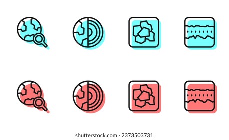 Set line Gold nugget, Magnifying glass with globe, Earth core structure crust and Soil ground layers icon. Vector