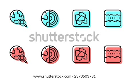 Set line Gold nugget, Magnifying glass with globe, Earth core structure crust and Soil ground layers icon. Vector