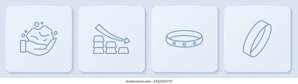Set line Gold nugget, ring, Falling arrow with gold bars and . White square button. Vector