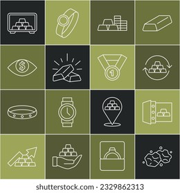 Set line Gold nugget, Safe with gold bars, exchange money, coin, Eye dollar,  and medal icon. Vector