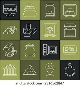 Set line Gold ring, bars 24k, Antique treasure chest, coin with gold, Stacks paper money cash,  and Safe icon. Vector