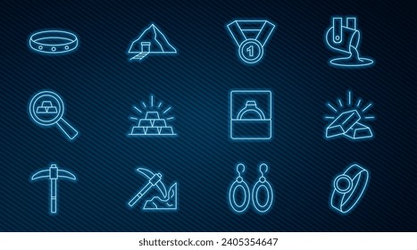 Set line Gold ring, bars, medal, Diamond engagement box and mine icon. Vector