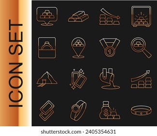 Fijar la línea anillo de oro, flecha de crecimiento con barras de oro, Caída, caja de compromiso de diamantes e icono de medalla. Vector