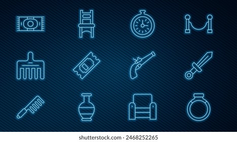 Set line Goldring, Mittelalterliches Schwert, Taschenuhr, Kinokarte, Haarbürste, Klassischer Teppich, Klassische Pistole und Stuhl-Ikone. Vektorgrafik