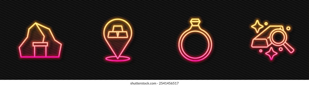 Set line Gold ring, mine, bars and . Glowing neon icon. Vector