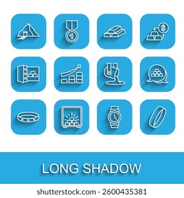 Set line Gold ring, Safe with gold bars, mine, Wrist watch, Growth arrow,  and Molten being poured icon. Vector