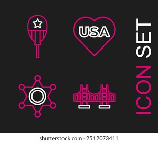 Set line Puente Golden gate, Hexagram sheriff, Día de la Independencia de EE.UU. e icono de globos. Vector