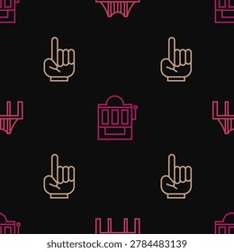 Set line Golden gate bridge, Number 1 one fan hand glove and Slot machine on seamless pattern. Vector