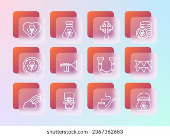 Set line Golden leprechaun coin, Leprechaun, Horseshoe, Smoking pipe, Trumpet, Celtic cross, Heart with clover trefoil leaf and Money bag icon. Vector