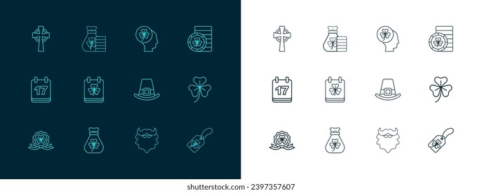 Die Linie Goldene Koboldmünze, Geldbeutel mit Klee, Koboldmütze, Mustache und Bart, Tagkalender von St. Patricks, Kopfblatt, keltisches Kreuz und Ikone. Vektorgrafik