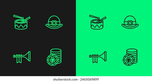 Set line Golden leprechaun coin, Trumpet, Drum with drum sticks and Leprechaun hat icon. Vector