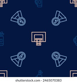 Set line Golf bag with clubs, Medal and Basketball backboard on seamless pattern. Vector