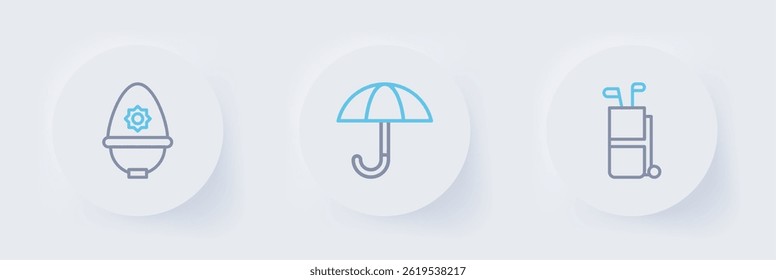 Set line Golf bag with clubs, Umbrella and British police helmet icon. Vector