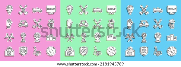 Set line Golf ball, Award over sports winner\
podium, bag with clubs, shoe, car, glove, on tee and Crossed golf\
icon. Vector