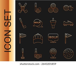 Definir linha Bola de golfe, bandeira, sapato, etiqueta, clube, golfe cruzado com e ícone em T. Vetor